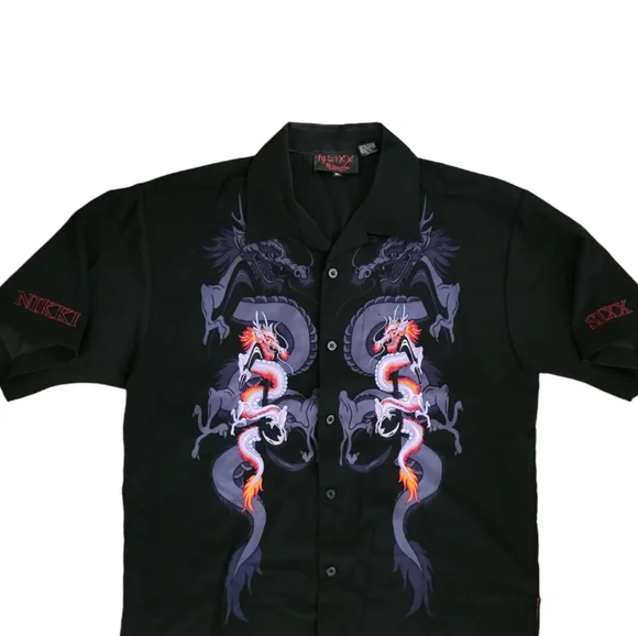 VTG Rare Nikki Sixx X Dragon Fly Mötley Crüe Embroidered Dragons Black Spellout
